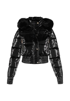 Zwarte donzen jas met glanzende, doorgestikte afwerking. Voorzien van een met bont afgezoomde capuchon, ritszakken, elastische manchetten en een cropped ontwerp.