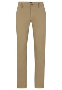 Béžové bavlněné chinos kalhoty s rovnými nohavicemi, s předním zapínáním na knoflík, poutky na pásek a dvěma bočními kapsami.