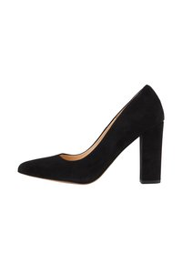Décolleté nera in suede con punta affilata e tacco a blocco chunky. Texture liscia e design minimale senza decorazioni.