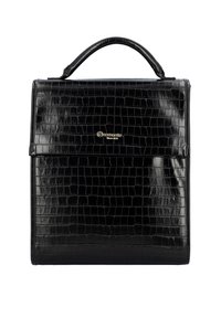 Sac à main en cuir noir avec une texture crocodile, doté d'une poignée supérieure et d'un accent logo doré sur le devant. Fini lisse et brillant.