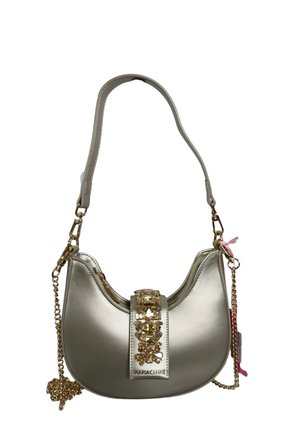 Borsa a mezzaluna d'argento con tracolla corta, catena dorata e pannello decorativo centrale con gemme d'oro e ambra.