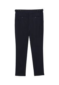 Marineblaue Hose mit glatter Textur, geradem Schnitt, zwei Gesäßtaschen und doppeltem Knopfverschluss an der Taille.