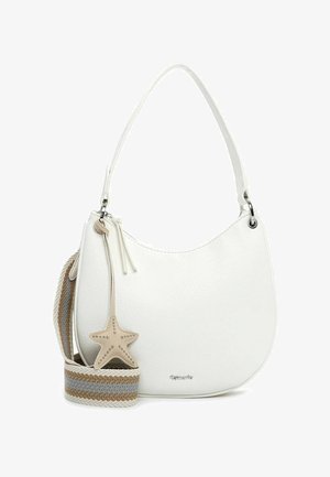 Sac à main blanc texturé avec un pendentif étoile de mer beige, des clous argentés et une bandoulière amovible beige, grise et blanche rayée.