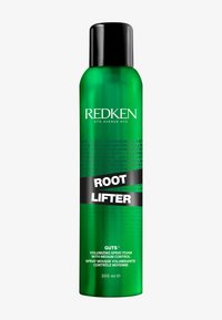 Grüne Aerosoldose mit der Aufschrift "ROOT LIFTER" in fettem schwarzen Text. Enthält 300 ml Volumenspray-Schaum. Glatte Oberfläche mit einer geschwungenen Form.
