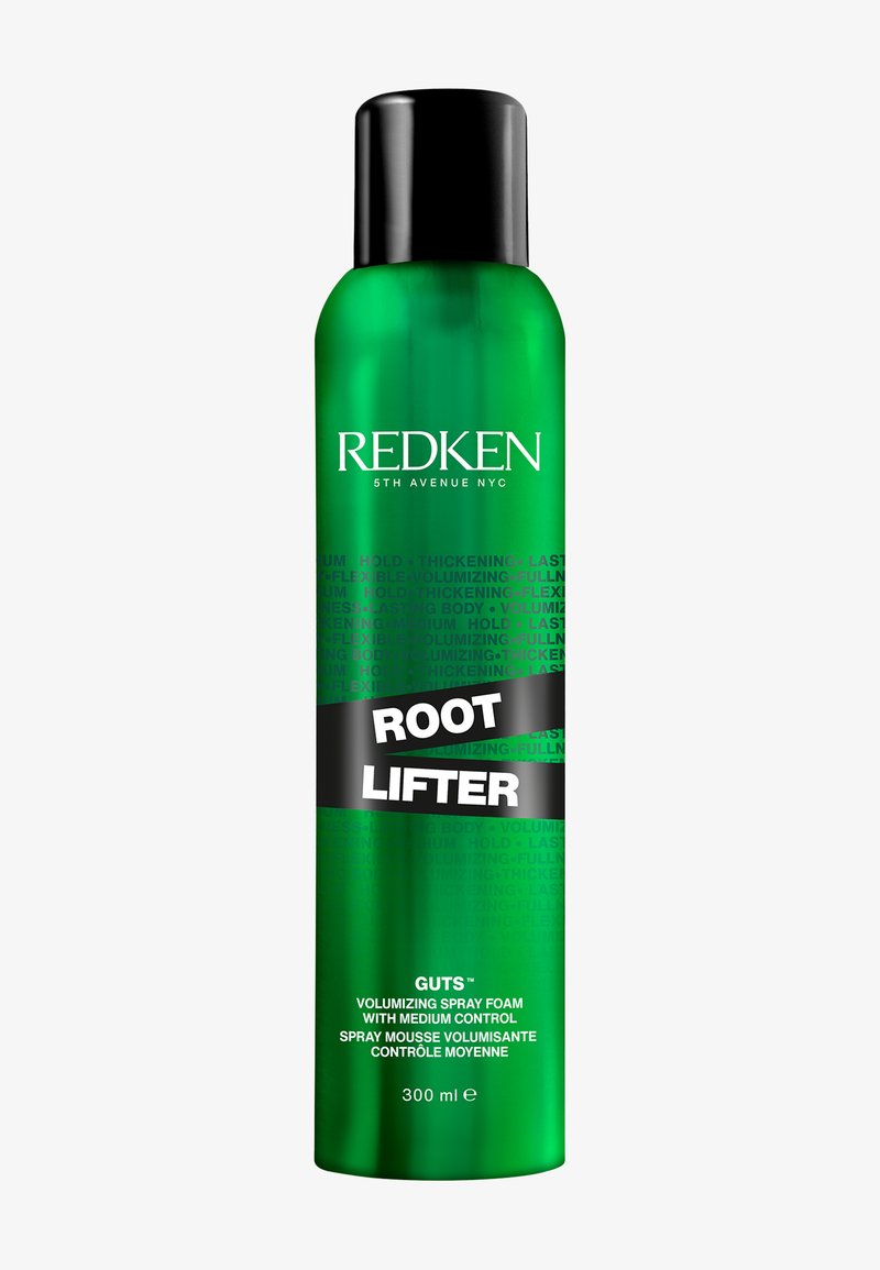 Grüne Aerosoldose mit der Aufschrift "ROOT LIFTER" in fettem schwarzen Text. Enthält 300 ml Volumenspray-Schaum. Glatte Oberfläche mit einer geschwungenen Form.
