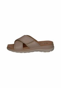 Light beige cross-strap slide sandal with a smooth leather upper, cushioned insole, and a lightweight rubber outsole.
