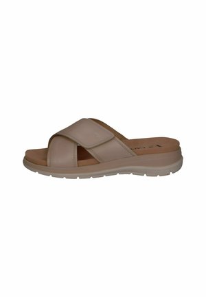 Sandalo scivolato beige chiaro con cinturini incrociati, superiori in pelle liscia, soletta ammortizzata e suola in gomma leggera.