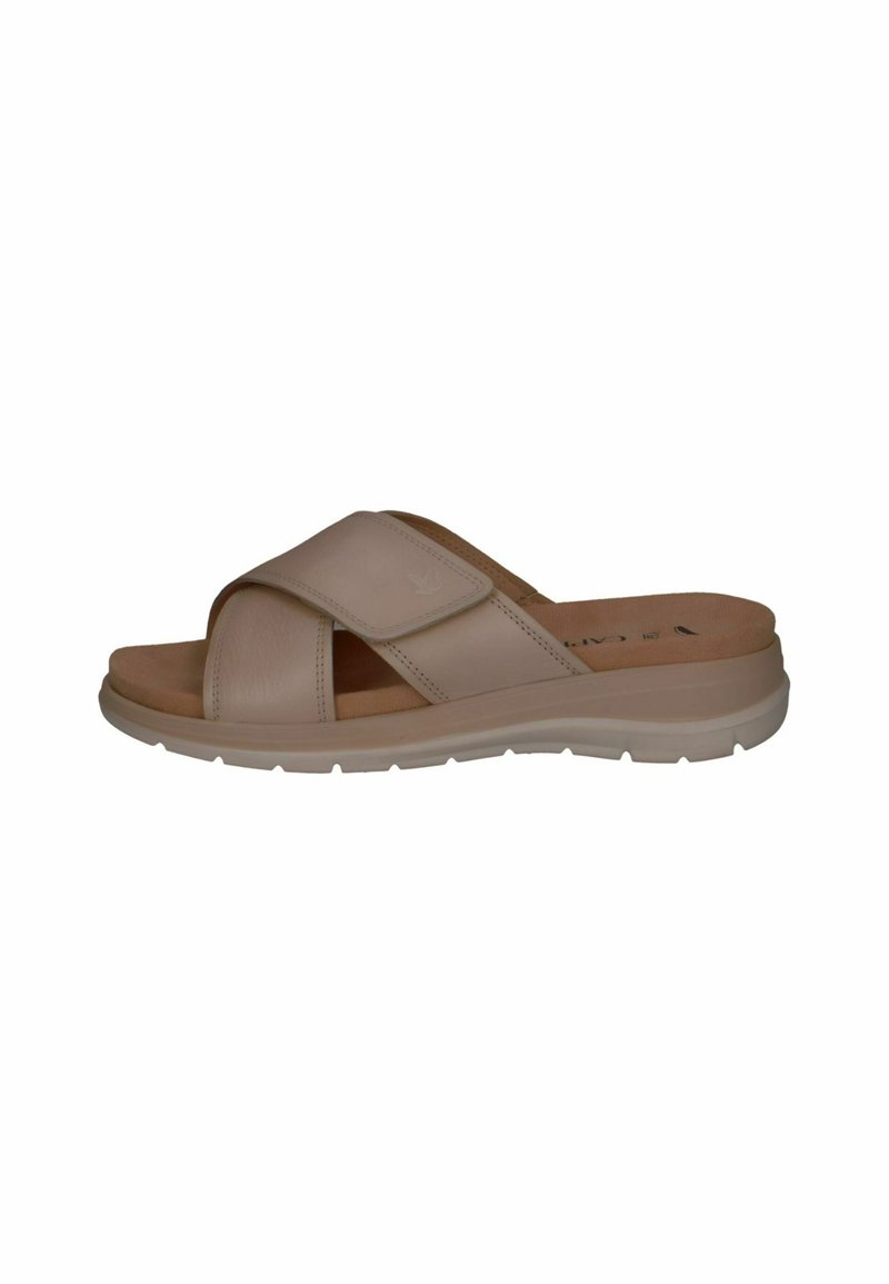Light beige cross-strap slide sandal with a smooth leather upper, cushioned insole, and a lightweight rubber outsole.