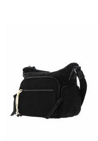 Borsa a tracolla nera in tessuto con tracolla regolabile, multiple tasche con cerniera e superficie testurizzata. Presenta un cordoncino decorativo.