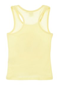 Canottiera di cotone gialla con design a schiena scoperta, struttura liscia e forma aderente. Nessun motivo visibile o dettagli in metallo.