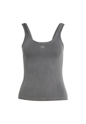 Szary prążkowany top na ramiączkach z kwadratowym dekoltem, szerokimi ramiączkami i dopasowanym krojem. Na przodzie znajduje się subtelne haftowane logo.