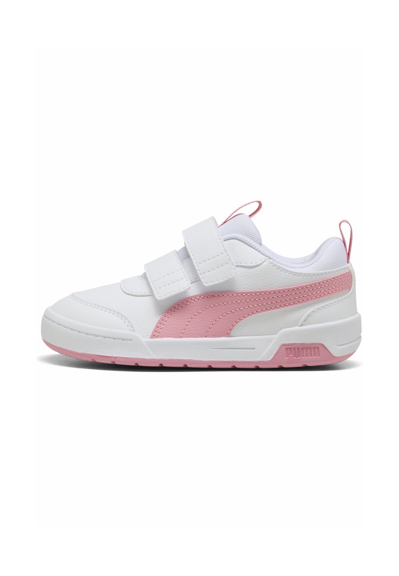 Fehér sneaker rózsaszín kiegészítőkkel, tépőzáras pántokkal, sima bőr felsőrésszel, texturált oldalsó panelekkel és tartós gumitalppal.