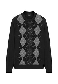 Black sweater with a diamond pattern in shades of gray. Features a crew neck and ribbed cuffs. Made from a soft knit material.