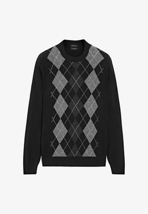 Maglione nero con motivo a diamante in tonalità di grigio. Presenta una scollatura a girocollo e polsini a coste. Realizzato in un materiale morbido a maglia.