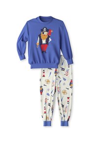 Blue long-sleeve top with pirate design; cream pants featuring colorful pirate-themed patterns. Both made of soft, comfortable fabric.