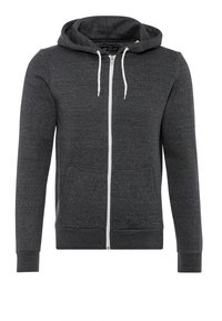 Grå zip-up huvtröja i mjukt tyg, med dragsko i huvan, framfickor samt ribbade manschetter och nederkant.