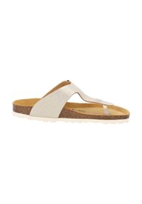 Glanzende zilveren flip-flop sandaal met een kurken zool, dunne bandjes en een transparante teenpost. Bevat een decoratieve knop op de band.