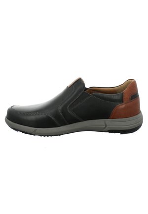 Schwarze Slipper mit braunen Lederakzenten, abgerundeter Spitze, elastischen Seitenpaneelen und grauer Gummisohle. Glatte Oberfläche mit dezentem Stichdetail.