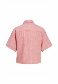 Rood-wit gestreepte shirt met korte mouwen en kraag. Heeft een relaxte pasvorm en een rugnaadontwerp. Glad textuur met schone lijnen.