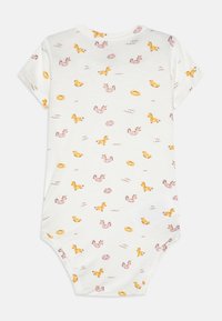 Hvit baby body med et leken trykk av gule ender, rosa sjøhester og fargerike indre rør, med korte ermer og rund hals.