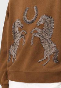 Καφέ φούτερ με ανάγλυφο σχέδιο αλόγων και πέταλου διακοσμημένο με κρύσταλλα. Μαλακό ύφασμα με τελείωμα και μανσέτες ribbed.