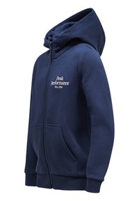 Felpa zip con cappuccio blu navy, con tasche frontali, polsini e orlo a coste, cappuccio e testo bianco "Peak Performance Est. 1986" sul lato sinistro del petto.