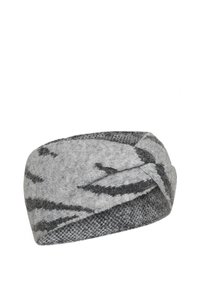 Diadema de punto en gris y negro con un diseño trenzado; presenta un acabado texturizado y un patrón en zigzag para mayor detalle.