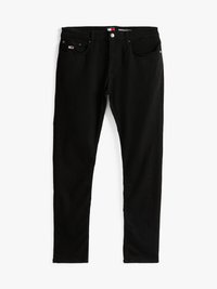 Zwarte denim jeans met een aansluitende pasvorm, vijf-pocket ontwerp en metalen knoopsluiting. Soepele textuur met een effen afwerking en geen patronen.