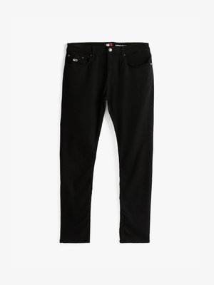 Musta farkkuhousut, joissa on slim fit -leikkaus, viisi taskua ja metallinen napitus. Sileä pinta, jossa on yksinkertainen viimeistely eikä kuvioita.