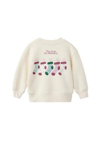 Felpa crema con calze di Natale colorate e decorate e la scritta "Calzini Piccoli, Grandi Sorprese!" sulla schiena. Tessuto morbido.