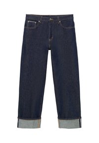 Jean en denim bleu foncé avec revers roulés, design à cinq poches et surpiqûres orange visibles sur un fond blanc.