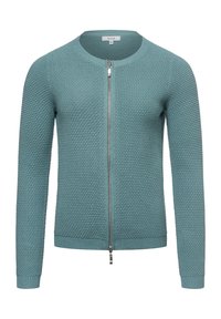 Stickad zip-up cardigan i teal, med en texturerad mönster, rund halsringning och ribbade ärmslut och nederkant. Dragkedjan sträcker sig till kragen.