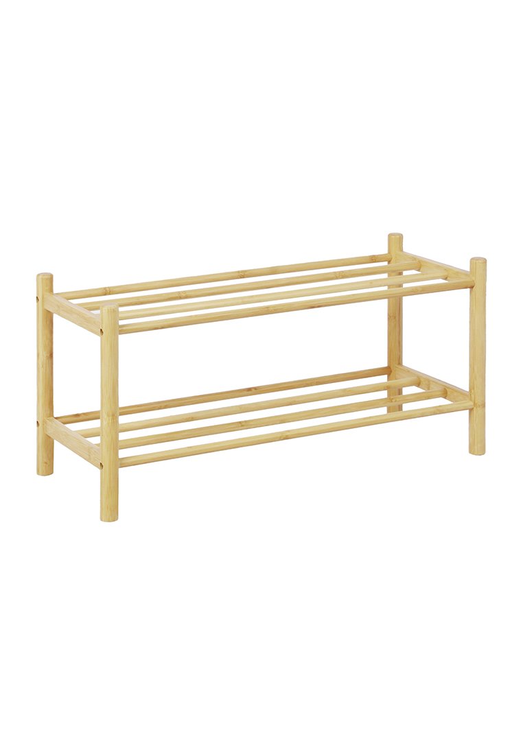 Scarpiera in bambù di forma rettangolare, con tre assi orizzontali e due supporti laterali verticali. Finitura naturale con una superficie liscia.