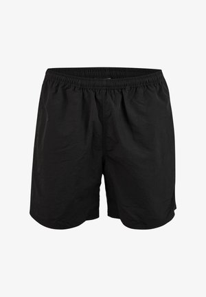 Schwarze Schwimmshorts aus leichtem Material, mit elastischem Bund und entspannter Passform. Glatte Textur, keine Muster oder Akzente.