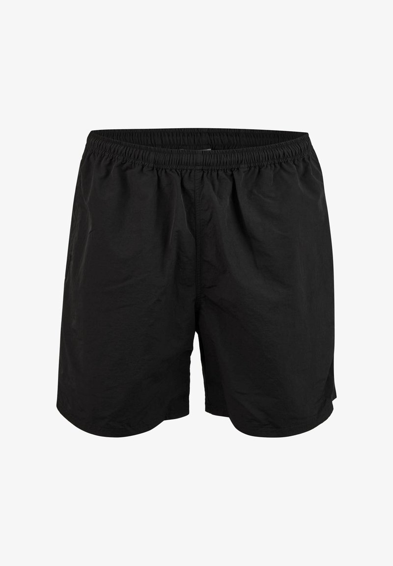 Schwarze Schwimmshorts aus leichtem Material, mit elastischem Bund und entspannter Passform. Glatte Textur, keine Muster oder Akzente.