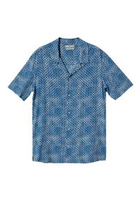 Korte mouwen overhemd met knopen in het blauw, met een geometrisch patroon van diamanten en vierkanten. Gemaakt van lichtgewicht stof.