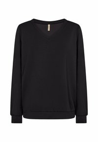 Schwarzes Langarm-V-Ausschnitt-Top aus leichtem Material; zeichnet sich durch einen lässigen Schnitt und elastische Bündchen für zusätzlichen Komfort aus.