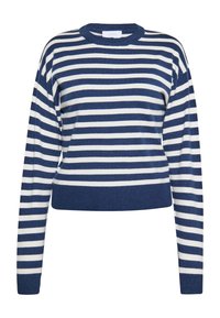 Maglione a strisce blu e bianche con maniche lunghe, scollo rotondo e design cropped. Materiale a maglia morbido con dettagli a costine sul bordo.