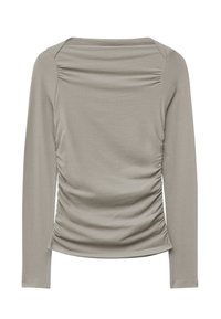 Langärmliges Oberteil in Hellgrau, aus weichem Stoff gefertigt. Verfügt über geraffte seitliche Details und einen Boots-Ausschnitt für eine figurbetonte Silhouette.