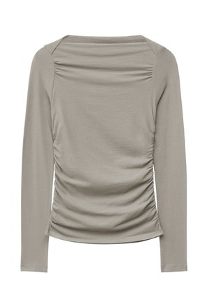 Long-sleeved top in light grey, made of soft fabric. Features gathered side detailing and a boat neckline for a fitted silhouette.
