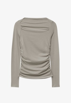 Long-sleeved top in light grey, made of soft fabric. Features gathered side detailing and a boat neckline for a fitted silhouette.