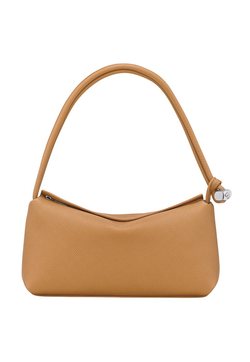 Taschenhandtasche aus braunem Leder mit gebogener Form, glatter Textur und einem einzelnen Griff. Verfügt über einen Reißverschluss und ein minimalistisches Design.