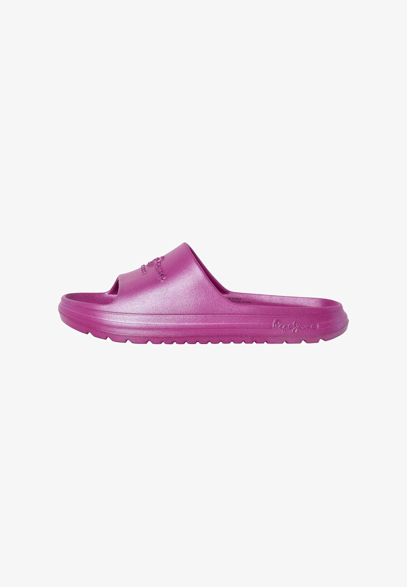 Sandale à glissière violette avec nom de marque en relief sur la lanière et semelle texturée, conçue pour un usage décontracté.