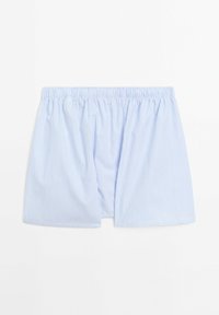 Light blue and white striped shorts with an elastic waistband, featuring a loose fit and a soft, smooth texture.