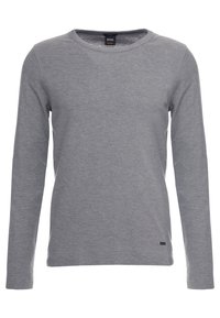 Graues Langarm-T-Shirt aus weichem Stoff mit rundem Halsausschnitt und gerippten Bündchen, versehen mit einem kleinen Logoakzent am Saum.