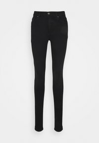 Calças skinny pretas feitas de denim, com uma cintura alta, cinco bolsos, fecho de botão à frente e uma textura suave.