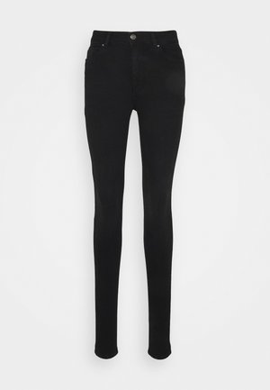 Calças skinny pretas feitas de denim, com uma cintura alta, cinco bolsos, fecho de botão à frente e uma textura suave.
