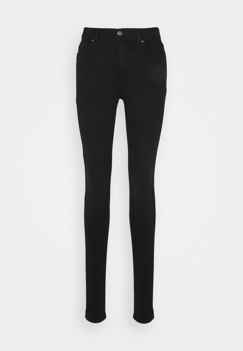 Calças skinny pretas feitas de denim, com uma cintura alta, cinco bolsos, fecho de botão à frente e uma textura suave.