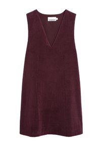 Bordeauxfarbene Cordkleid ohne Ärmel mit tiefem V-Ausschnitt und geradem Schnitt. Verfügt über eine vertikale Rippstruktur und ein minimalistisches Design.