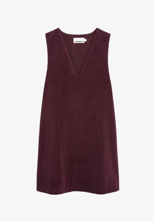 Bordeauxfarbene Cordkleid ohne Ärmel mit tiefem V-Ausschnitt und geradem Schnitt. Verfügt über eine vertikale Rippstruktur und ein minimalistisches Design.